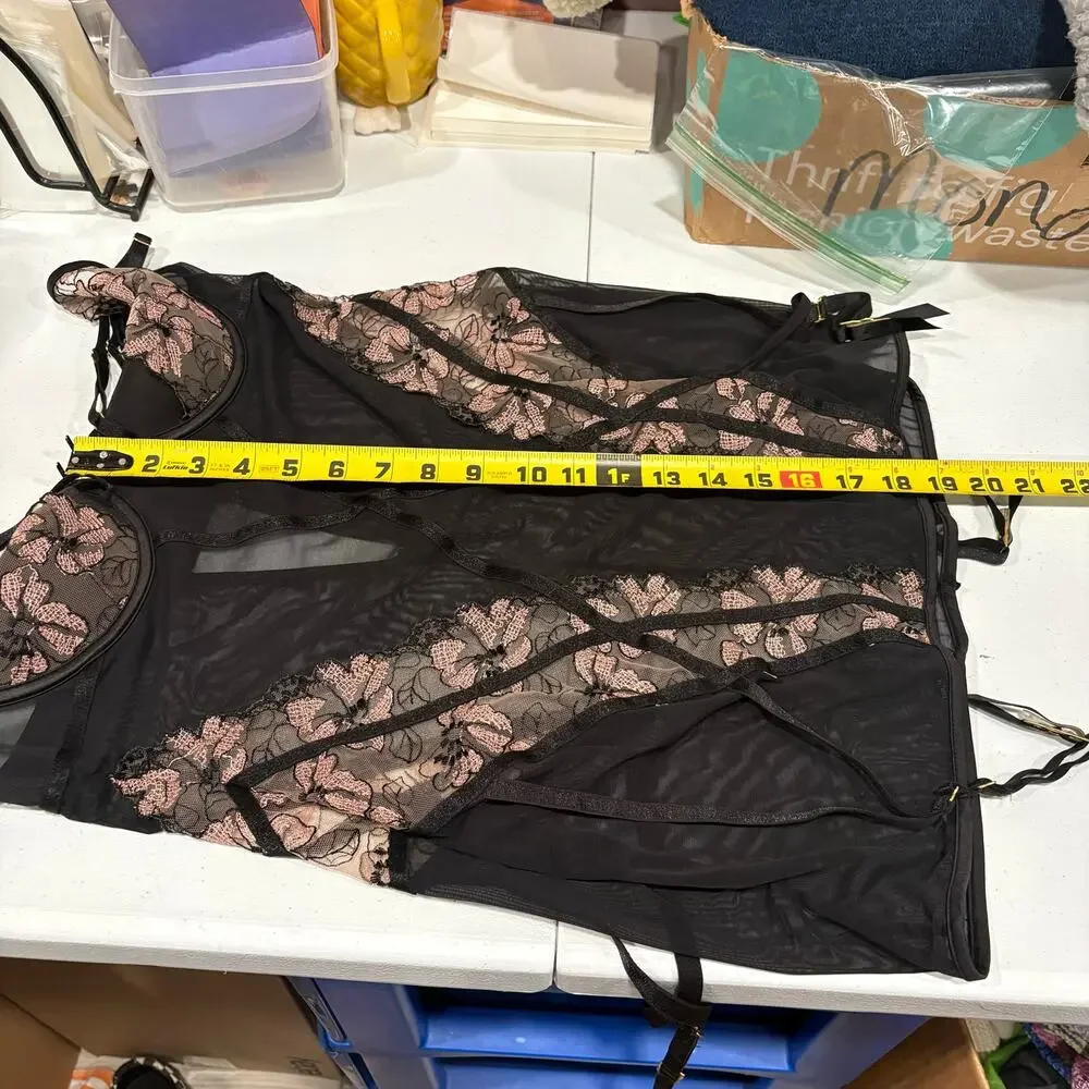 House of Desire Nova Blacklight Lace Chemise In Black  Floral Lingerie Large - Picture 9 of 9